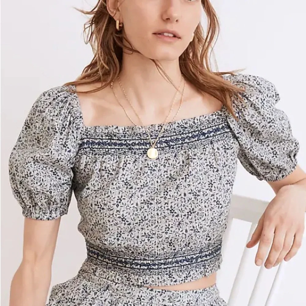 Madewell Blue and White Floral Smocked Square-Neck Blouse